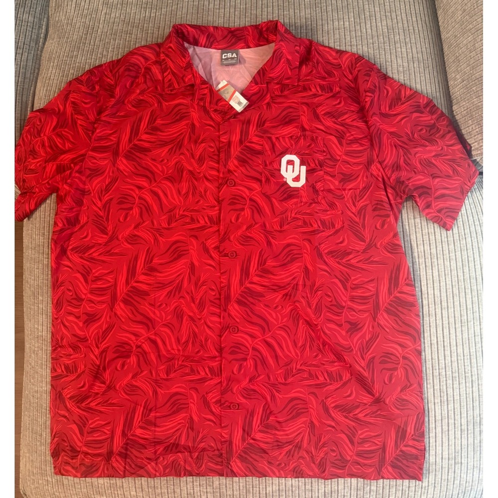 CSA Oklahoma Sooners Mens XL Red Tropical Palm Leaf Button Down Camp Shirt New